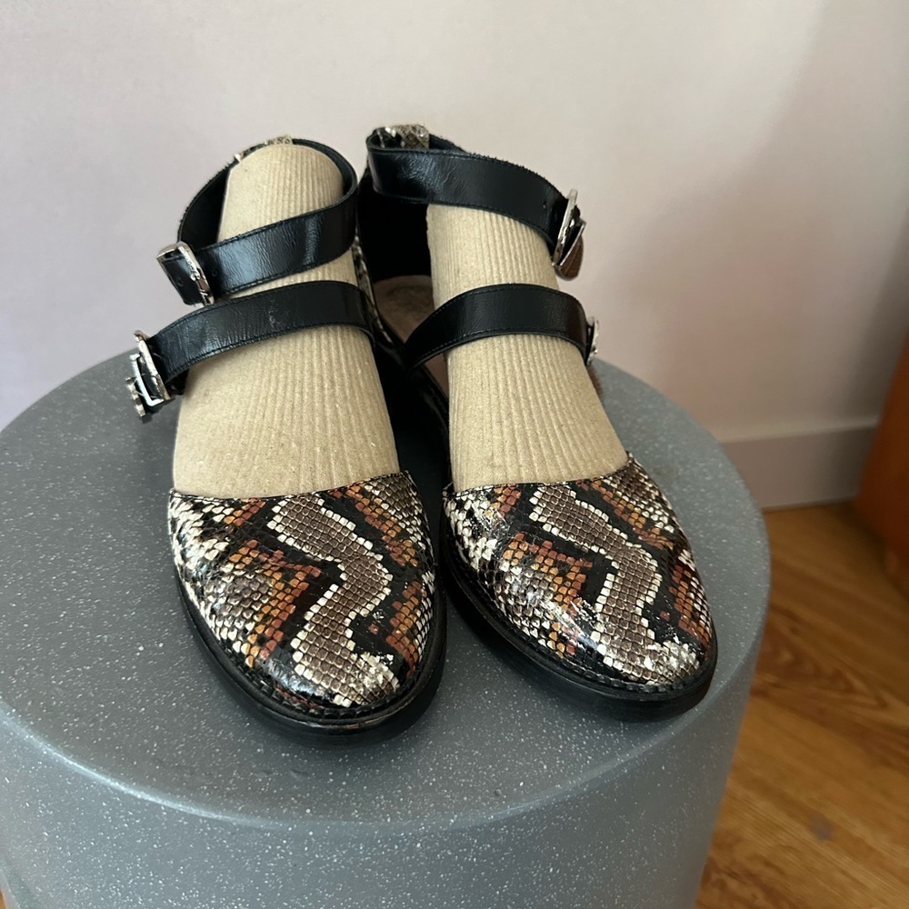 Black and Brown Snakeskin Print Flats with Buckle Straps